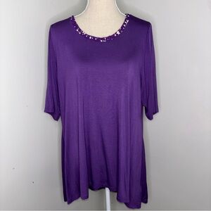 LOGO by Lori Goldstein purple elbow sleeve high low hem tee shirt w/ stars sz XL
